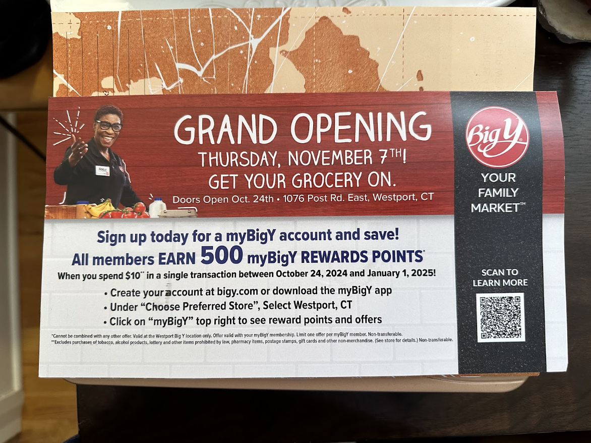 Flier for the new store’s grand opening. The new Big Y Westport store is one of three new stores that the company is opening, according to the Progressive Grocer.